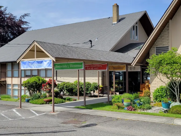 Image of church welcome banners at the front entrance